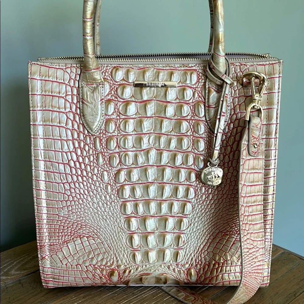Brahmin Tan & Pink Embossed Satchel Bag - Picture 2 of 6